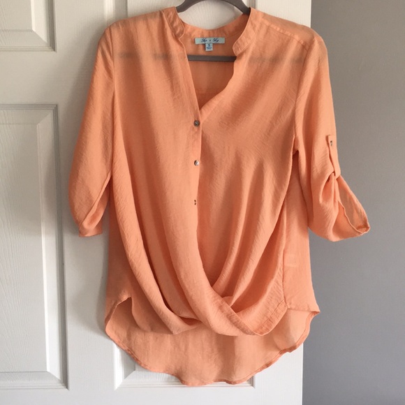 She + Sky Sheer Drape-Front Button-Up Blouse - Picture 1 of 6